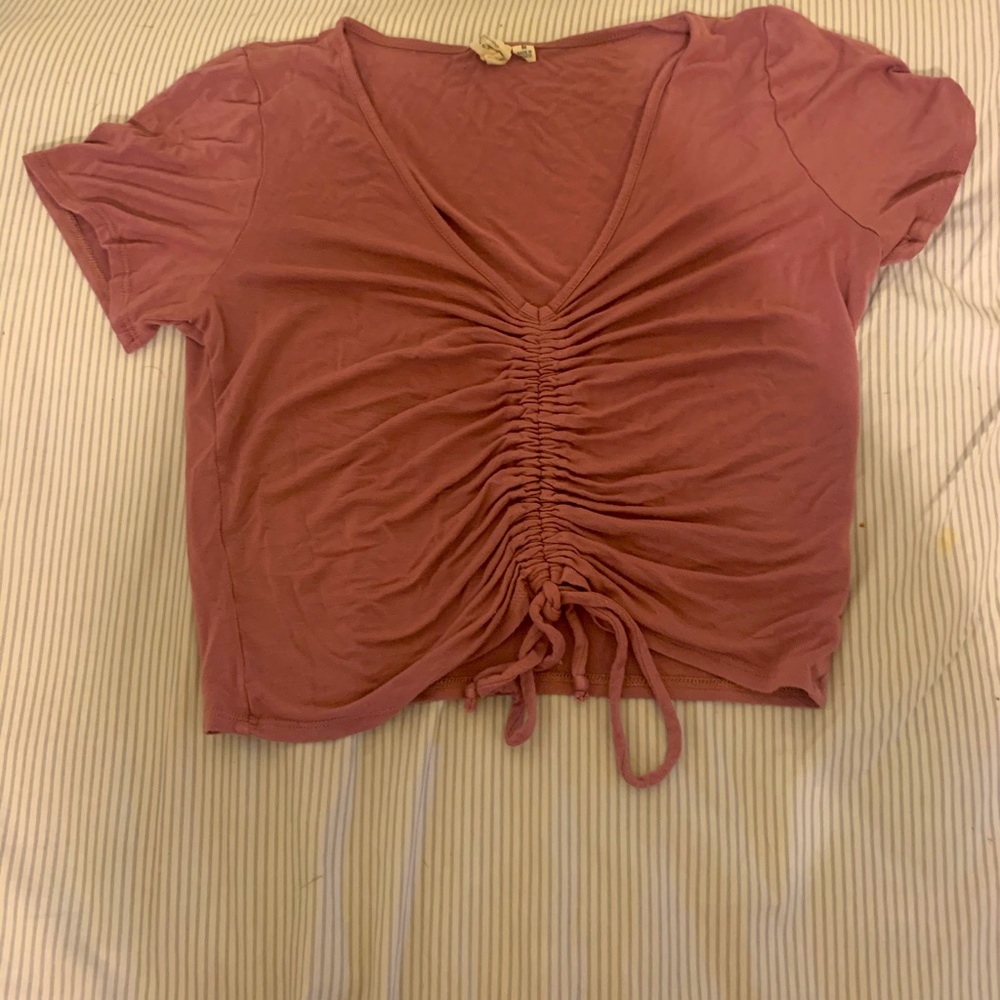 Pink Short-Sleeve Drawstring Front Ruched Crop Top